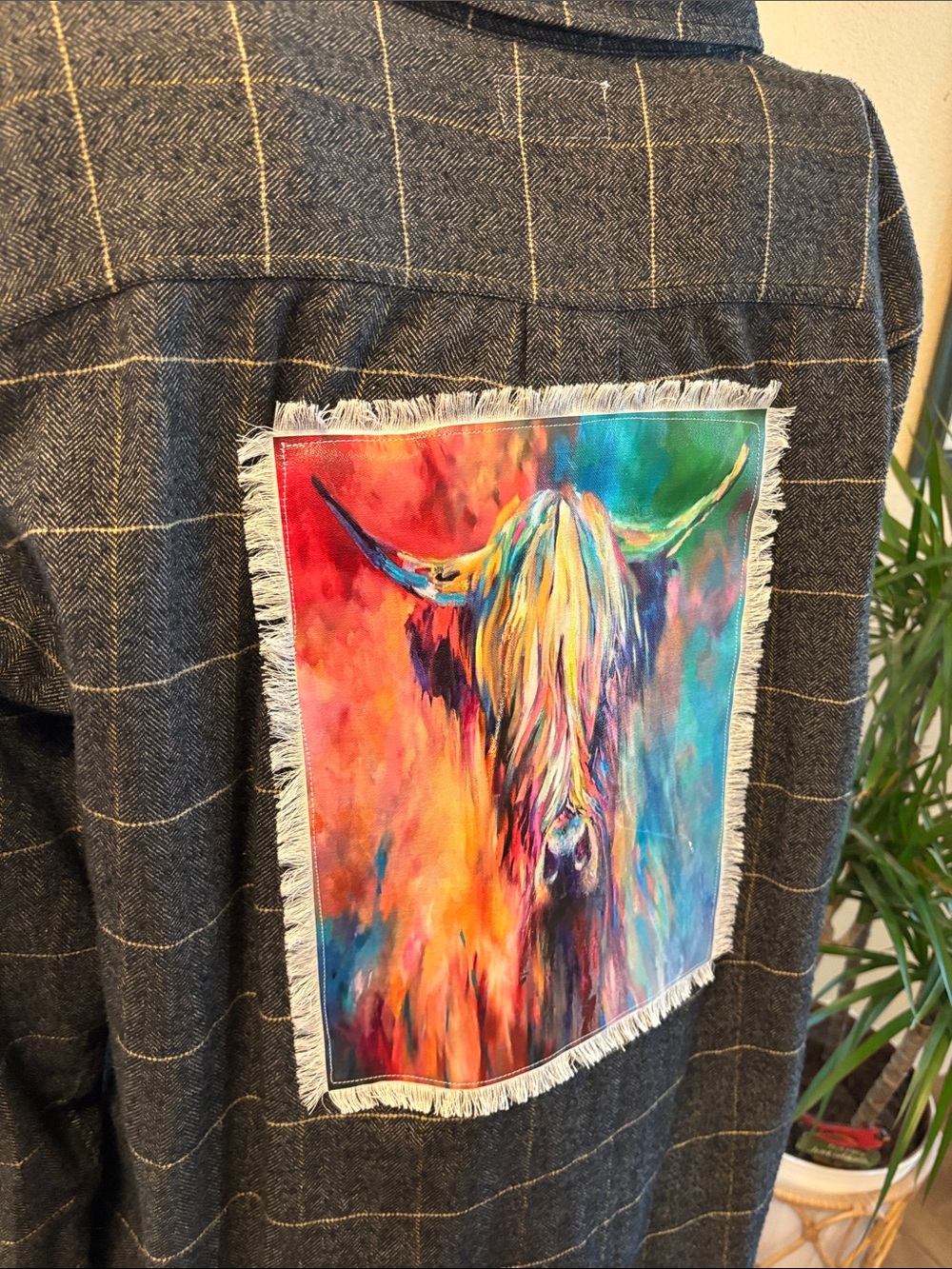Handmade one of  kind Plaid flannel with Colorful Highland Cow Fringe Patch - Picture 2 of 8